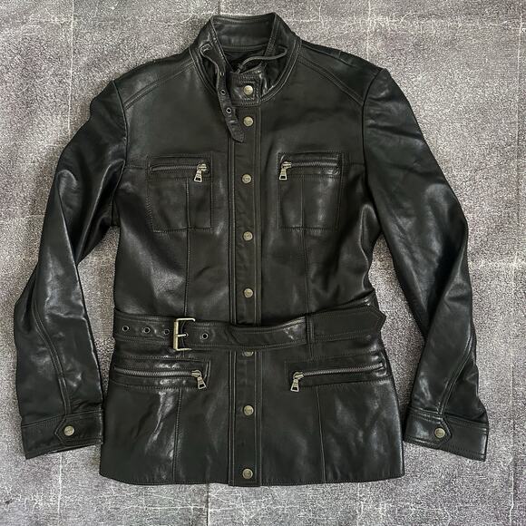 Womens Vintage Y2K Guess Soft Black Leather Belted Zip Up Motorcycle Jacket Sz L - Picture 1 of 4